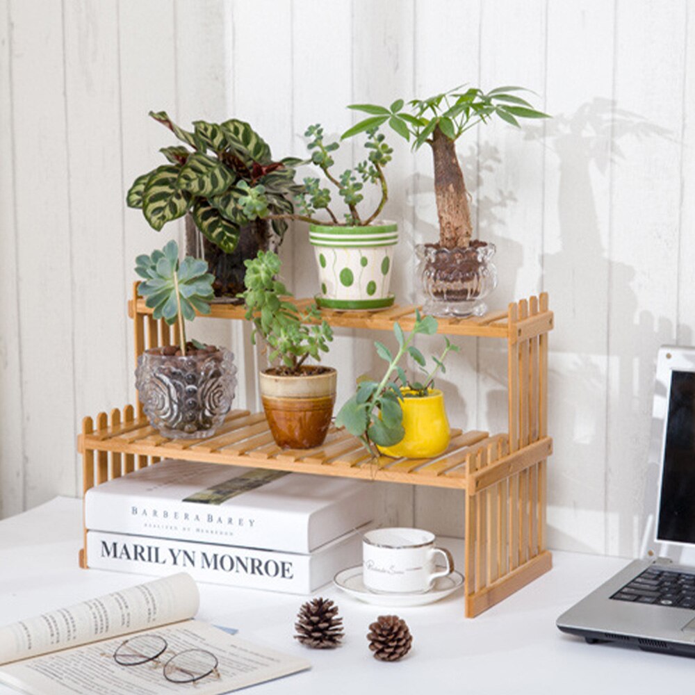 Two Layer Office Tabletop Storage Rack Wooden Flower Planter Display Decorative Storage Shelf for Bedromm Gardening Supplies