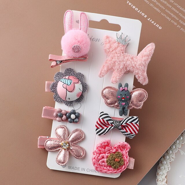 8pcs/set cartoon Hair Clips girl little rabbit hair accessories children cute sweet bow flowers Same color system hairpin: green