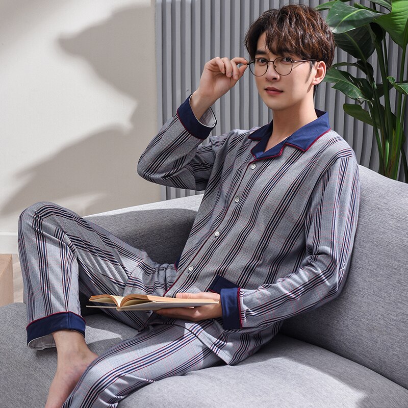 Stripe pajamas men long sleeve pajama set for male big yards sleep clothing casual nightie sleepwear men pyjamas suit autumn