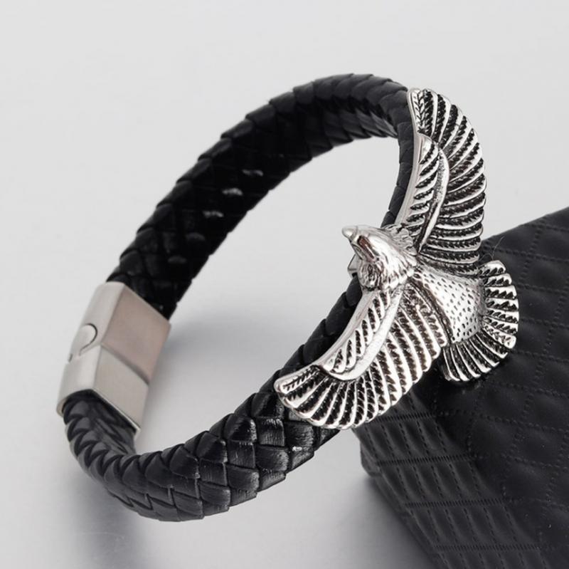 Vintage Eagle Bracelet for Men Black Leather Hand Band with Magnetic Clasp: Default Title