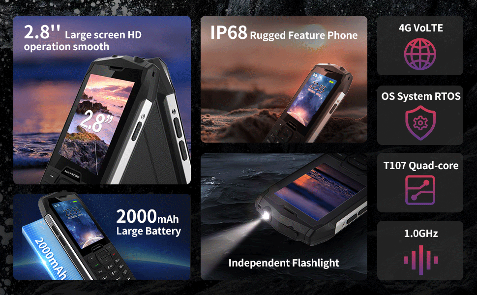 HAMTOD H3 Teléfono resistente Pantalla HD de 2,8 pulgadas Batería de cuatro núcleos 2000 mAh Cámara de 0,3 MP 4G VoLTE