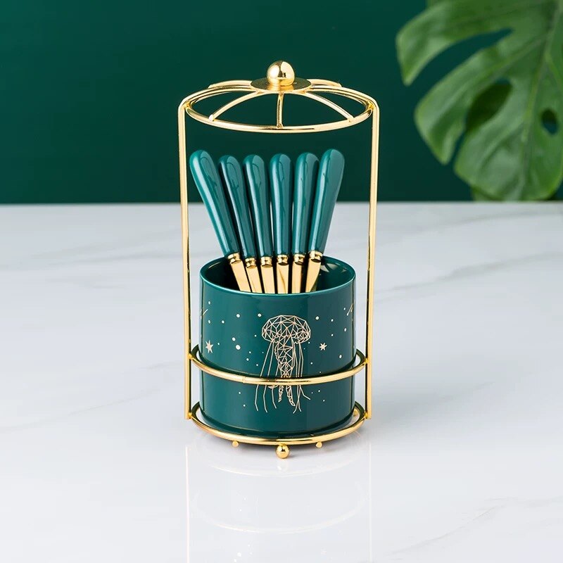 Nordic Ceramic Stainless Steel Fruit Fork Storage Tube Dessert Fork Cake Fork Fruit Fork Storage Pot Living Room Fruit Fork Set: 6 forks pot rack 7
