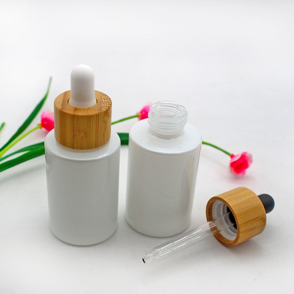 30ml White pearlescent glass dropper bottle bamboo lid pipette cosmetic lotion packaging container