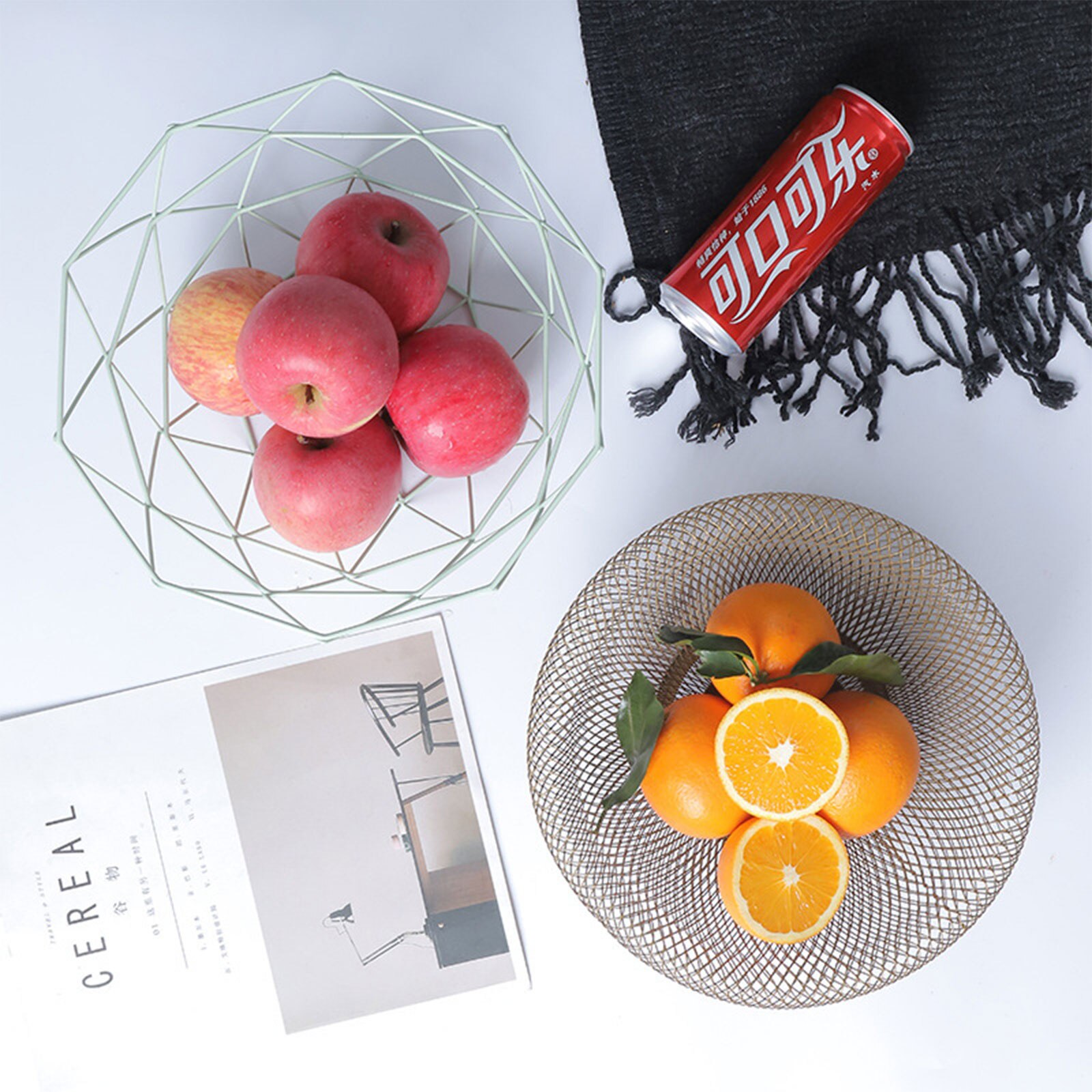 Metal Wire Fruit Bowl, Geometric Shaped Storage Basket for Vegetables Bread Snacks (Black)