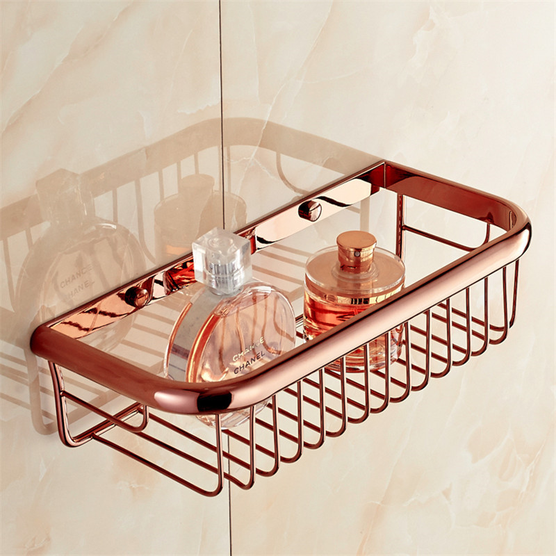 Étagère de salle de bain en cuivre, étagère de douche de bain, support de caddie de douche, insertion de boulons, étagère d'angle carrée en or Rose