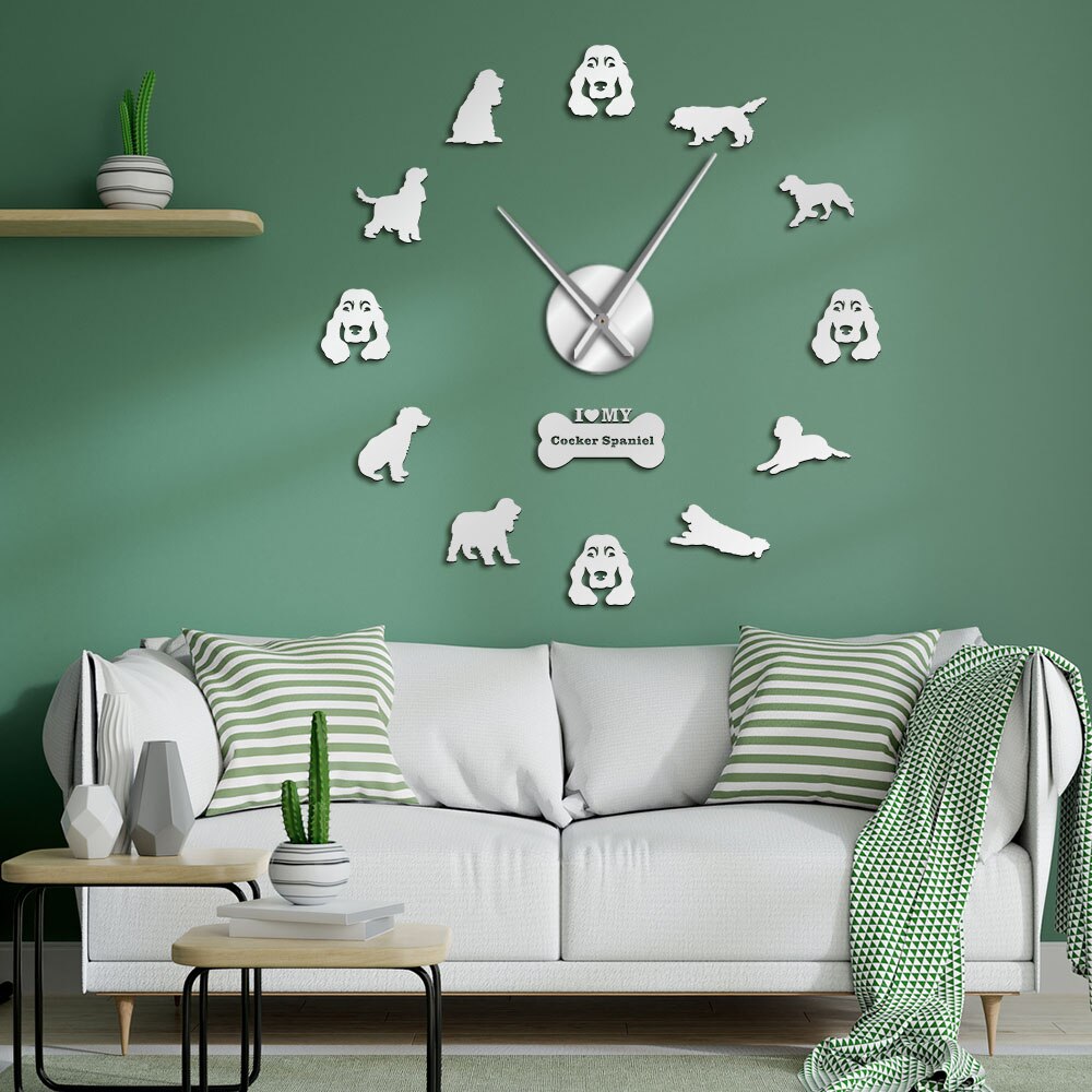 Cocker Spaniels Mirror Effect Stickers DIY Giant Silent Wall Clock Dog Pet Owners Home Decor Cockers Mute Wall Art Hanging Watch