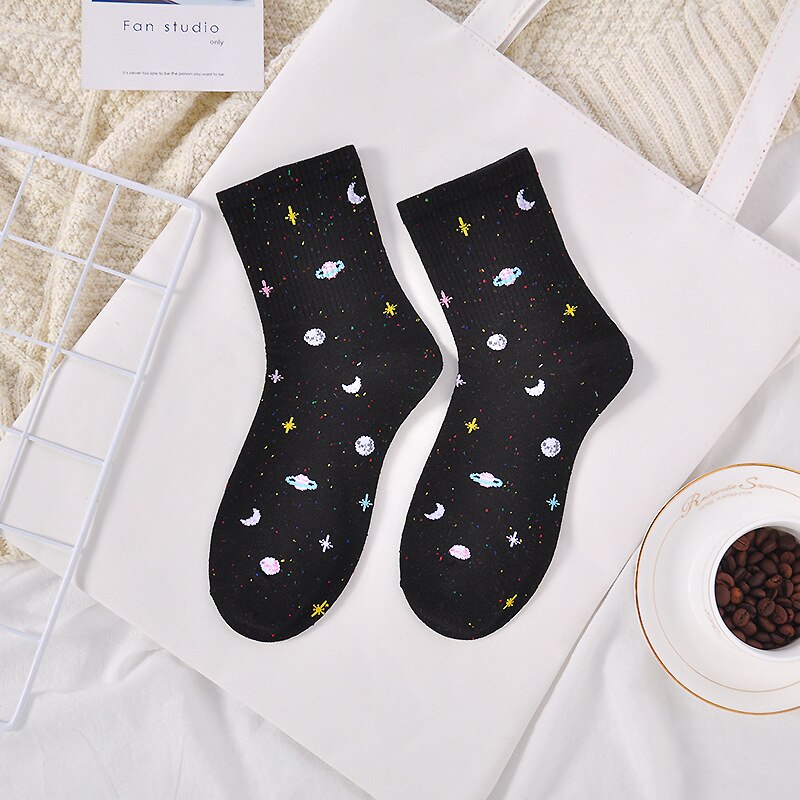 Japanese Moon Stars Universe Socks Harajuku Planet Point Yarn Funny Socks Women Warm Cute Novelty Femme Sokken Meias