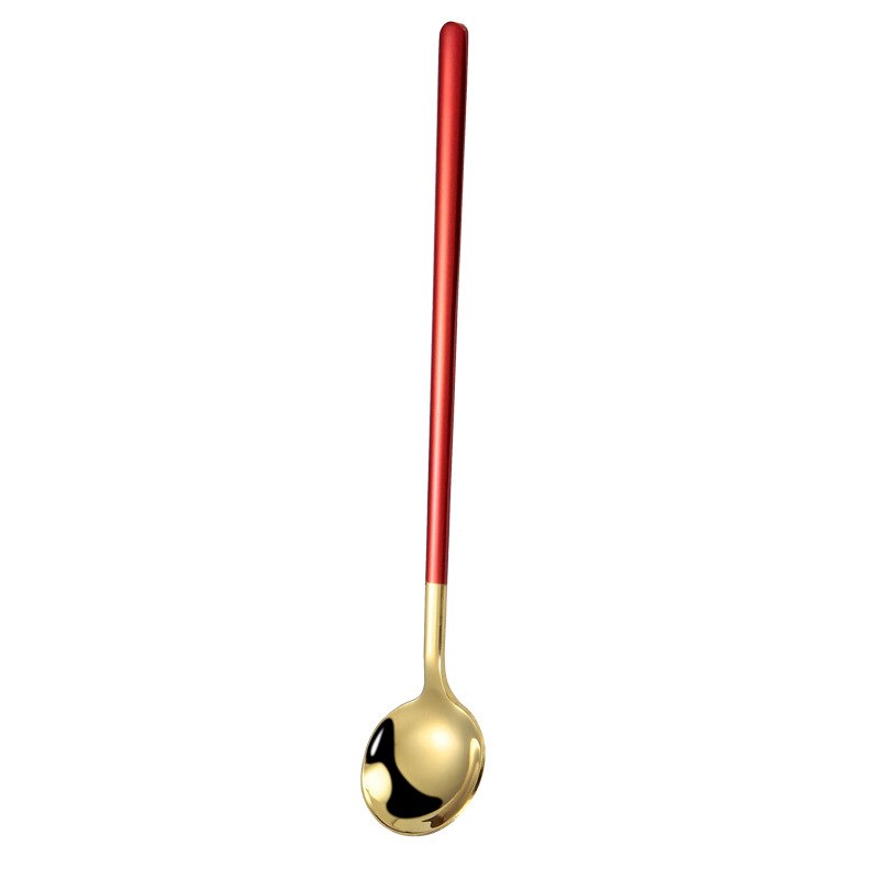 1Pc Stainless Steel Spoon Dinnerware Long Handle Spoon Tea spoon Dessert Coffee Ice Cream Spoons Kitchen Accessories Bar Tools: Red Golden
