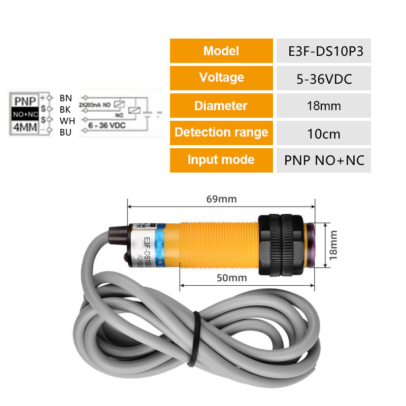 Interrupteur de proximité capteur photoélectrique E3F-DS30C4 NPN PNP DC5-36V plage de détection réglable 30cm 10cm E3F-DS30P1/P2/C2/Y1: WHITE