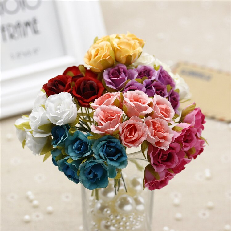 Buquê de flores artificiais 6 peças, mini rosas, para casamento, decoração para casa, para scrapbooking, artesanato faça você mesmo, caixa de doces, decoração de presente