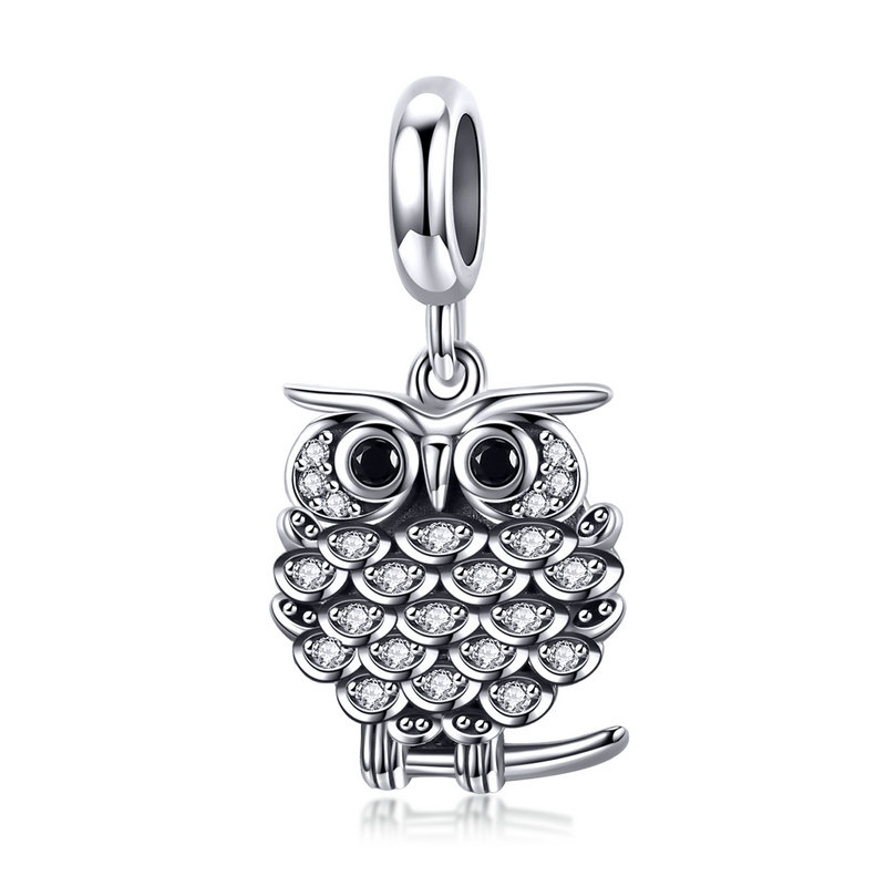 Wostu midnat ugle dingle charme 100% 925 sterling sølv zirkon perler passer original armbånd vedhæng halskæde smykker fic 949: Fic 949