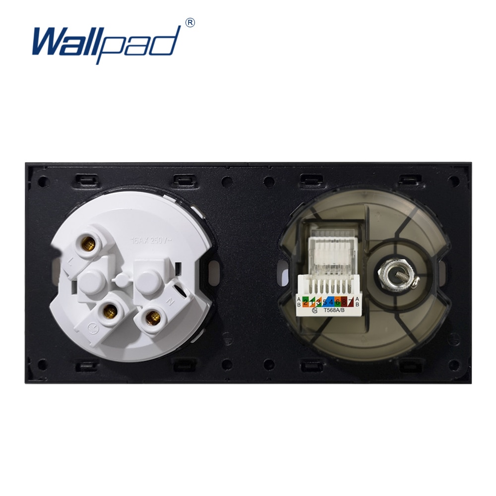 Wallpad EU German Socket With TV DATA Ethernet RJ45 Crystal Tempered Pure Black Glass Panel Wall Power Socket Outlet