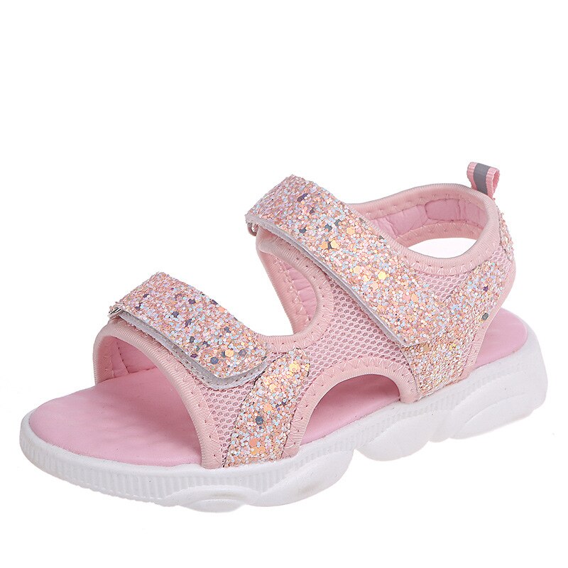 Glitter Sequin Girls Sandals Summer Korean Princess Dress Shoes Little Girls Sweet Children Beach Shoes Girls Shoes: Pink / 11