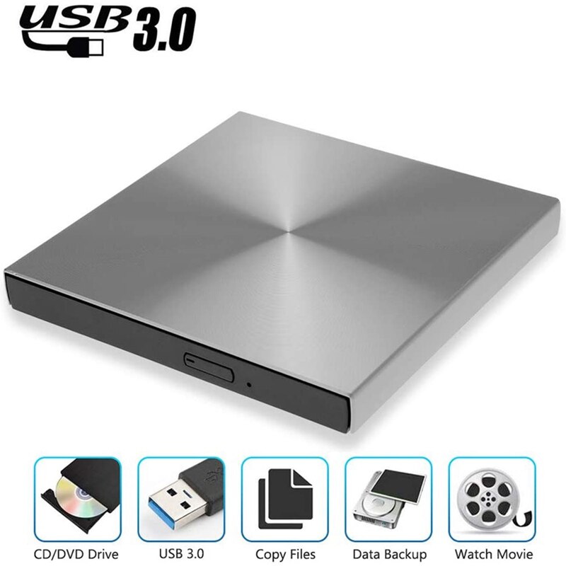 Ekstern cd dvd-drev usb 3.0 dvd-brænder cd-rom afspiller til bærbar mac win 10/8/7 /  xp pc (sølv)