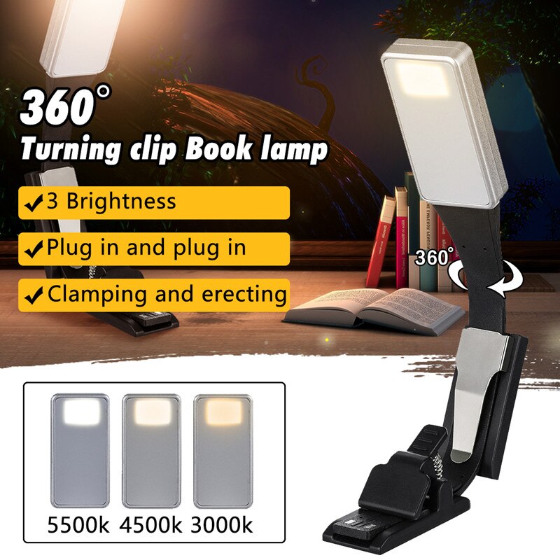 Lámpara de lectura para libros 360 Clip de lámpara de luz delgada iluminación blanca cálida Flexible de lectura electrónica de libro luz USB recargable para Kindle