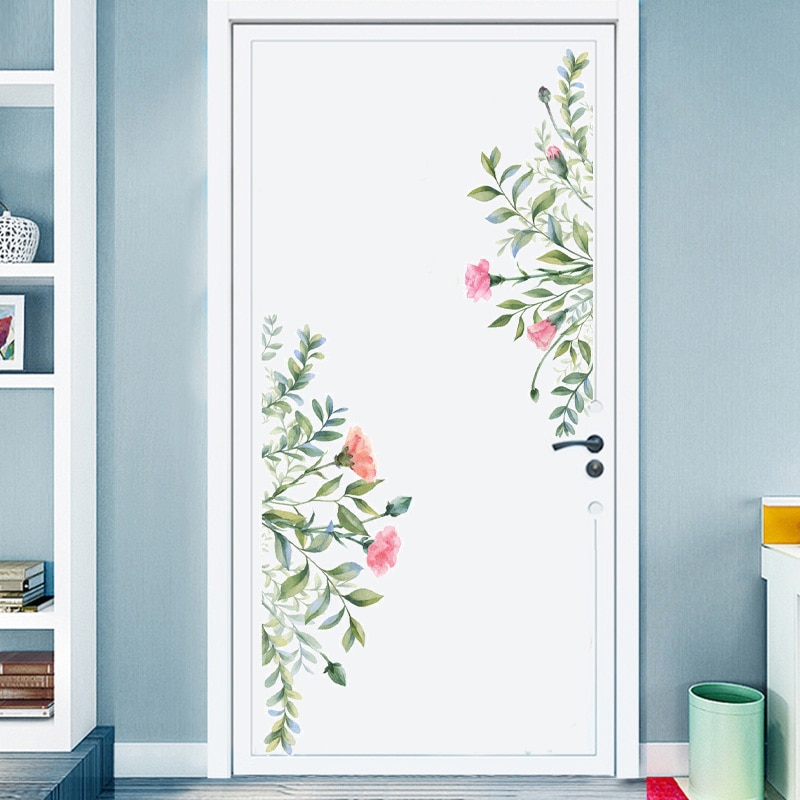 Avtagbara väggklistermärken blommor gröna blad för badrumsdörr väggdekor diy vinyldekaler självhäftande barnrumsmuralmålningar hem