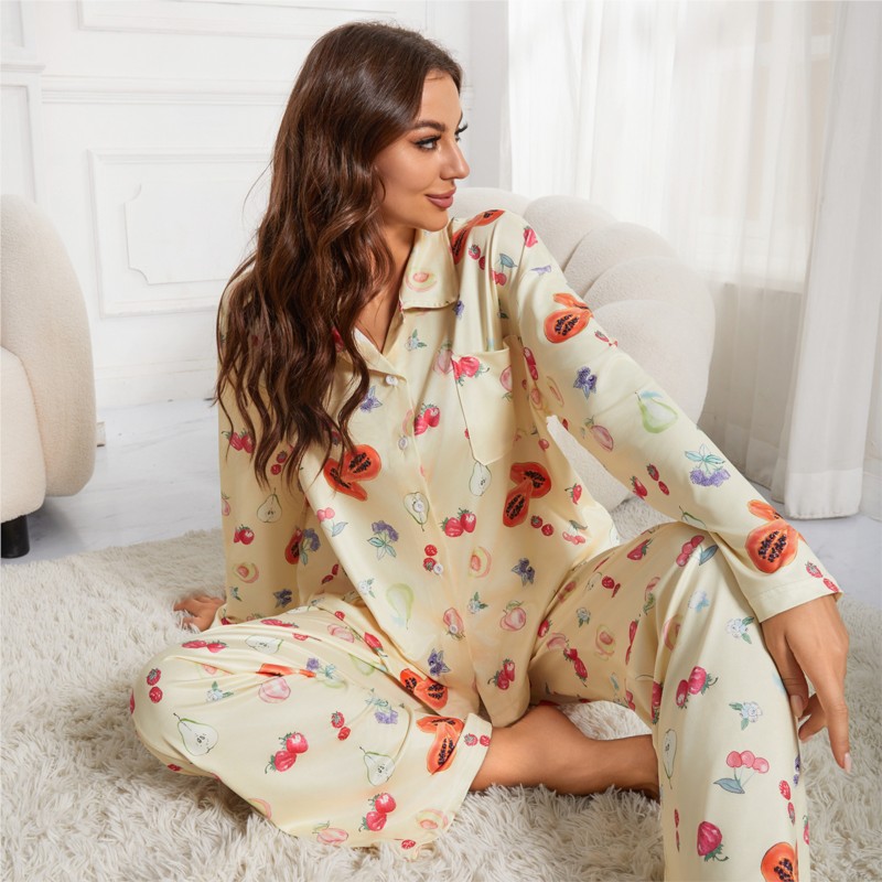 Dame afslappet gul pyjamassæt langærmet knaplukning skjortelomme blomsterprint frugtprint løse vide ben bukser pyjamas s-xxl