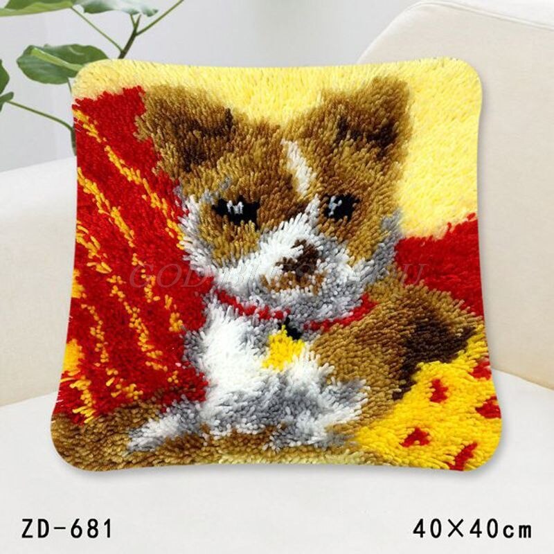 Animal Series Latch Hook Rug Kits Dogs 3D Segment Embroidery Pillow Wool Cross Stitch Carpet Embroidery DIY Latch Hook Pillow: 681-Corggi