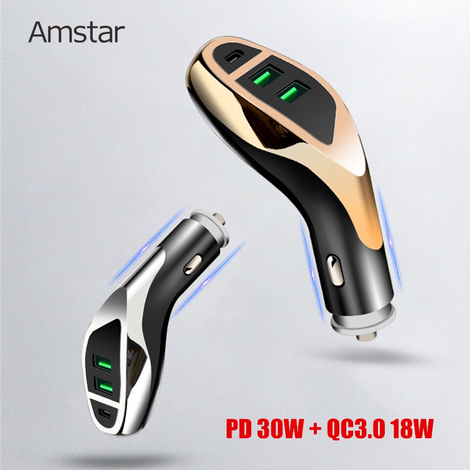 Amstar-cargador USB de teléfono móvil para coche, dispositivo de carga rápida de 48W, 4,0, 3,0, para iPhone, Xiaomi, Huawei, QC4.0, QC3.0, tipo C, PD, 30W