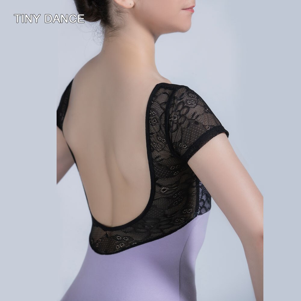 Black Lace Short Sleeve and Lilac Cotton Leotard for Adult Ballet Dance Wear Practice Leotard Size XS to XL Elastic Wear 01D0164