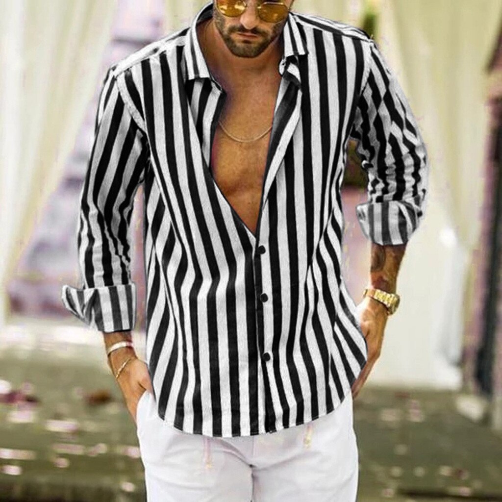 Men Fashio Vertical Striped Slim Fit Long Sleeve Casual Button Down Dress Shirts
