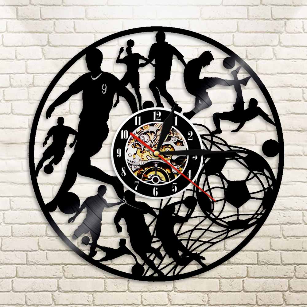 Reloj de pared de fútbol jugadores de fútbol Kick Ball Net Goal Football Field equipo de pelota deporte Colegio niños Juego reloj de vinilo de registro