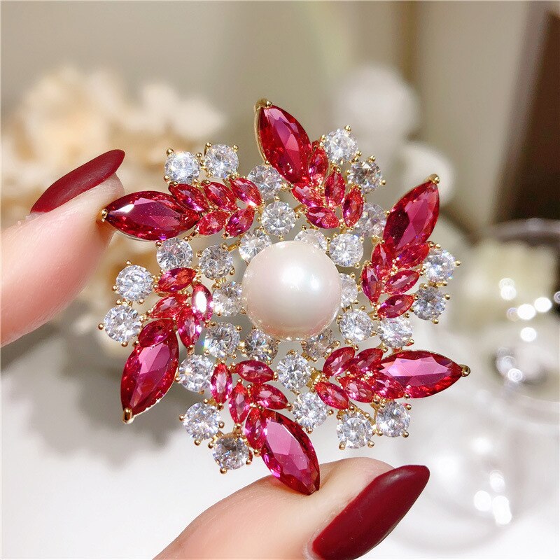 Broschen für damen,  s925 imitationsperlen, rote zirkonia-blume, schalnadel, brosche, korsagen, edler schmuck