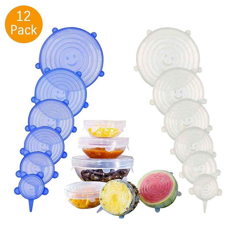 Juego de tapas de 6 piezas hechas en silicona tapas reutilizables cubiertas herméticas para almacenar comida tapas selladoras de recipientes de varios tamaños cubiertas elásticas para envoltura utensilios de cocina