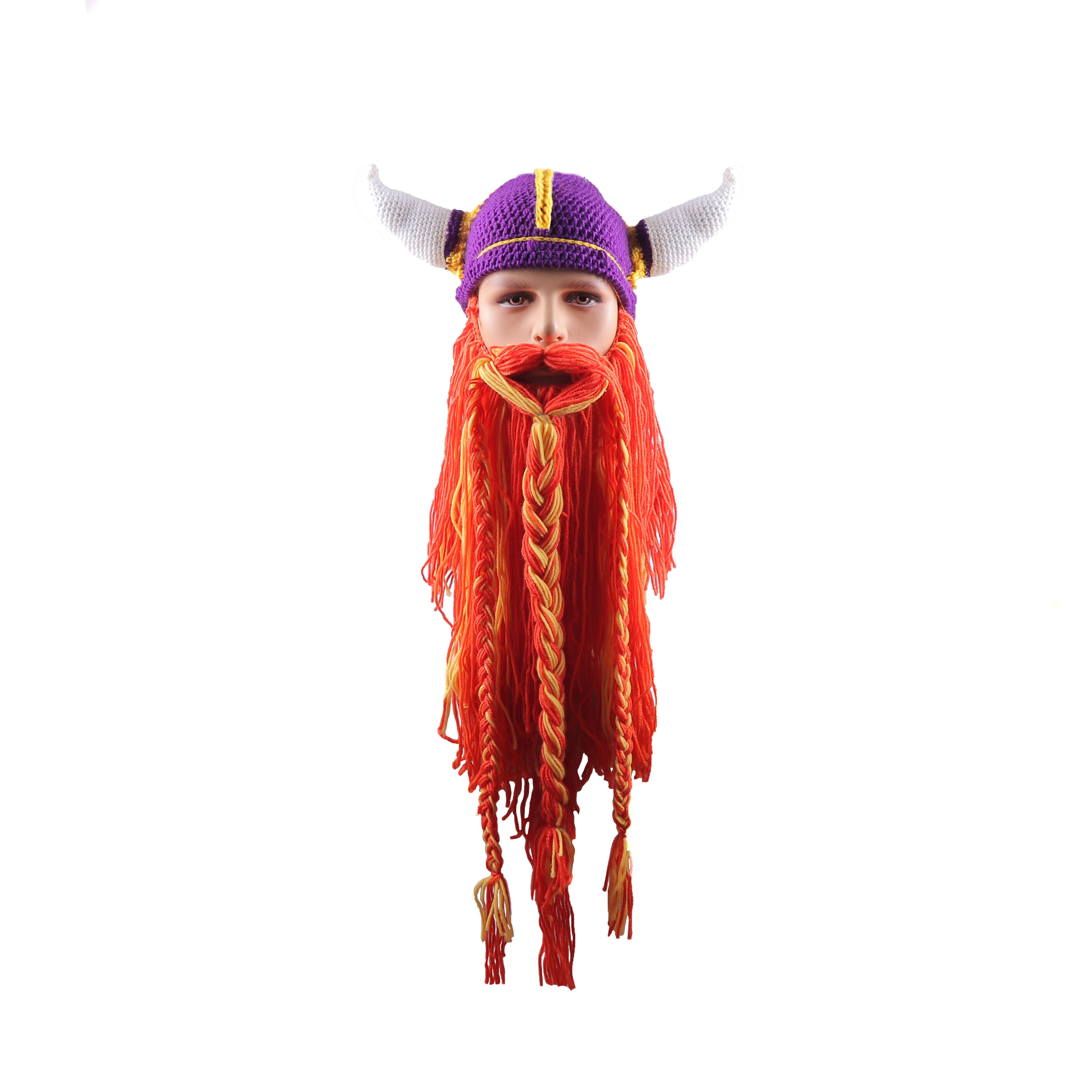 Men's Barbarian Vagabond Viking Beard Beanie Horn Hats Handmade Knitted Winter Warm Caps Funny Halloween Mask Cosplay H9: 1