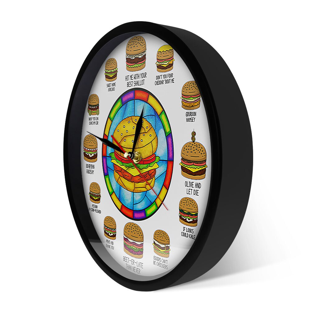 Burger ordspil hamburger baseret hilaritet sjov vægur ur ordboller burger butik indretning fastfood forretning tegn væg kunst stille ur