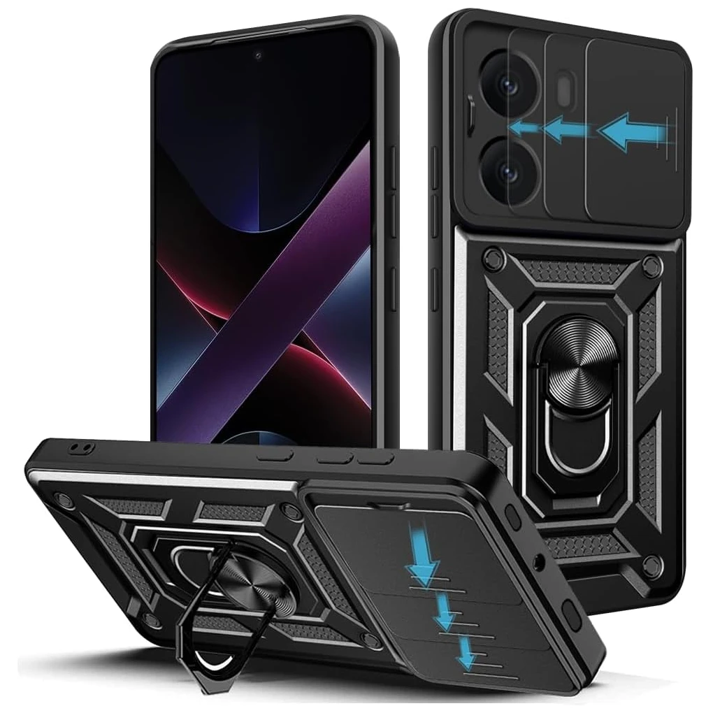 Pansercover til xiaomi poco  x7 pro 5g , linsebeskyttelse med ring, magnetisk holder, coque, skal, fundas: Sort