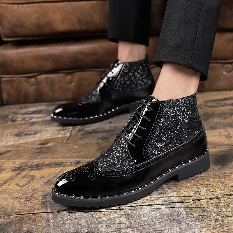 Men Dress Shoes High Top Black Gold Spring Summer Male Patent Leather Casual Shoes Elastic Band Man Pointed Toe Footwear