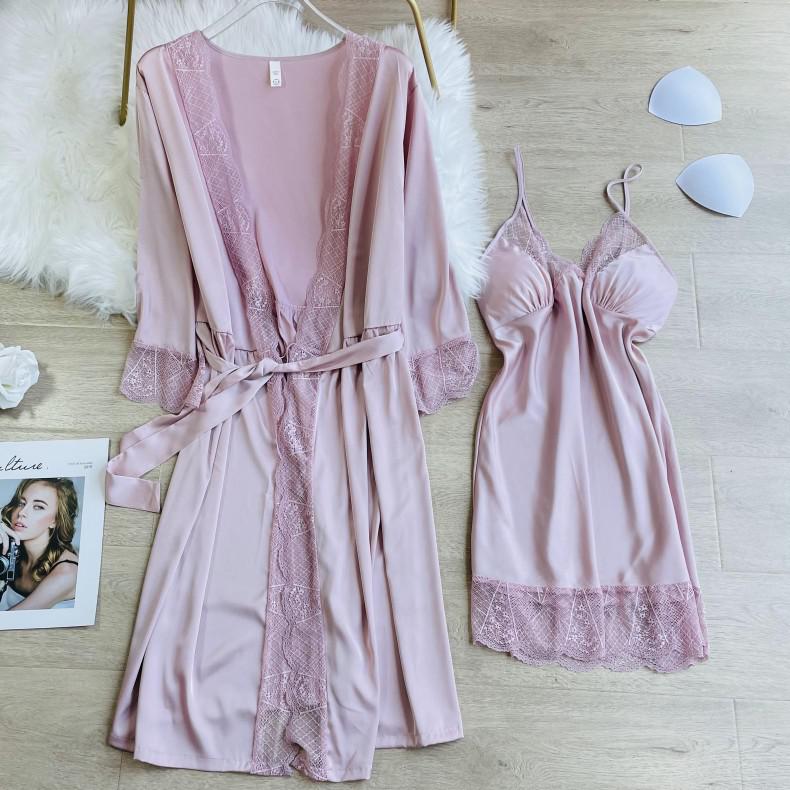 Bata roja de seda sintética para mujer, ropa de dormir de encaje dulce, camisón Sexy con cuello en V, vestido de primavera y otoño para el hogar: Rosa / XL