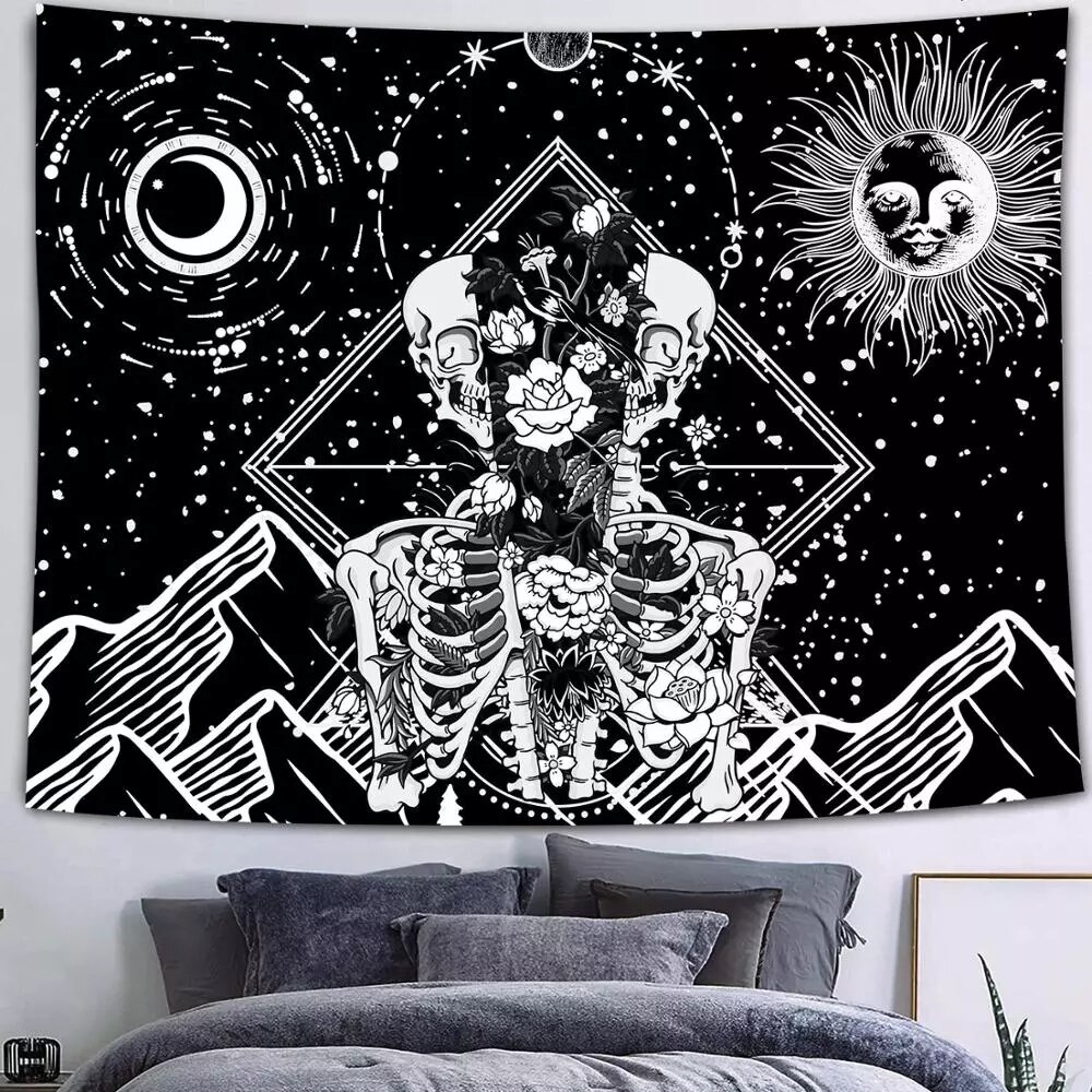 Tapiz gótico de Calavera, Luna, estrellas, cielo estrellado, montaña, negro y blanco, constelación romántica, tapiz para colgar en la pared, decoración estampada