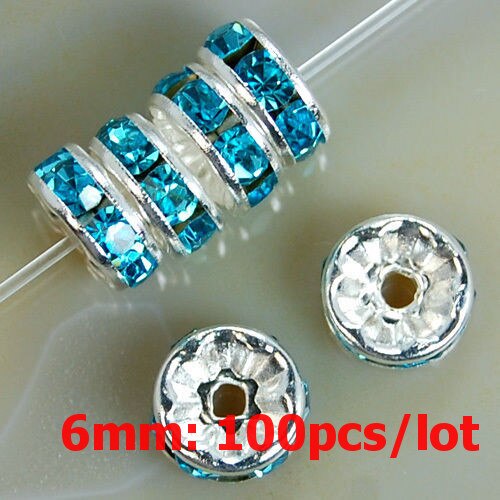 6mm 100 sztuk Metal srebrny Plated kryształ Rhinestone Rondelle koraliki dystansowe luzem koraliki dla DIY akcesoria do wyrobu biżuterii Supplie: Lake blue