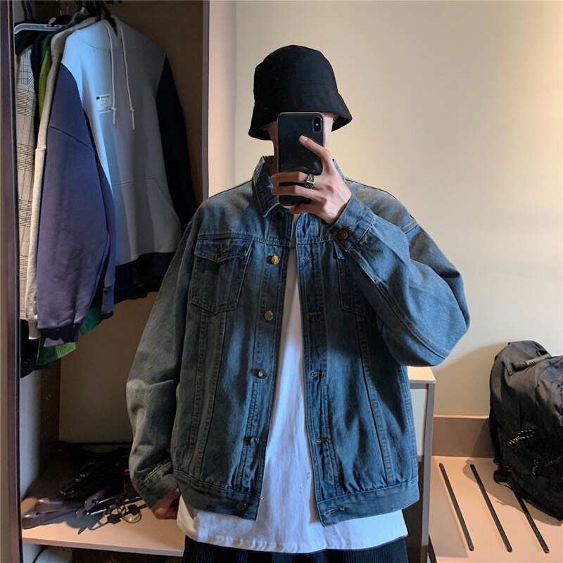 Autumn Korean Denim Jacket Men's Retro Blue Denim Jackets Mens Streetwear Wild Loose Hip-hop Bomber Jacket Men S-2XL