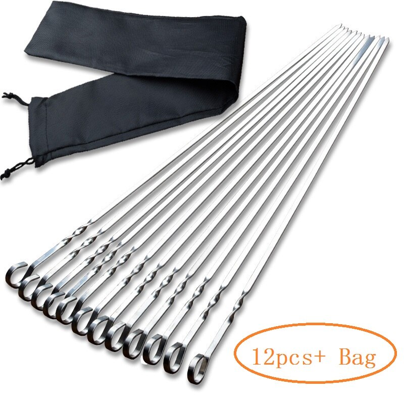 Bbq Spies Rvs Shish Kebab Bbq Vork Set 41Cm 16.15Inch Lange Platte Barbecue Naald Vlees Grill Outdoor gereedschap 6-12 Stuks: 12pcs in bag