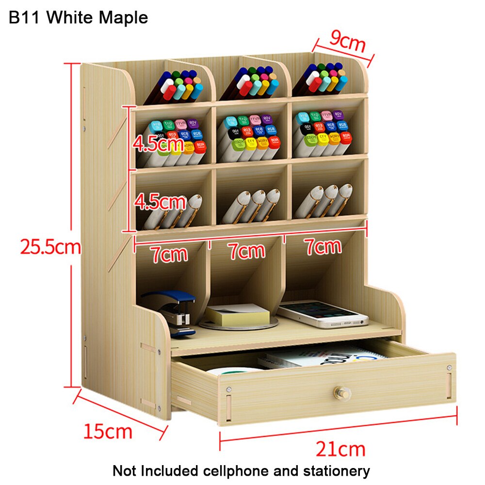 1PC Multi-Functional DIY Wooden Versatile Compartment Desk Organizer Pencil Holder Office School Desktop Storage Box with Drawer: B11 white maple