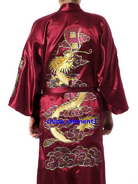 Burgund Herren Kimono Robe Stickerei Bad Kleid Faux Seide Bademantel Nachthemd Nachtwäsche Hombre Pijama Größe S M L XL XXL XXXL: Fuchsia / S