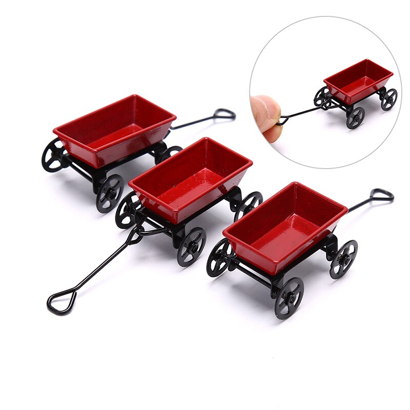 Metal Red Small Pulling Cart Garden Furniture Accessorie Home Decor Toy Ornament 1:12 Mini Cute Dollhouse Miniature