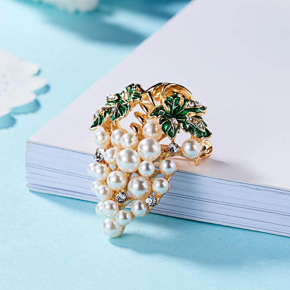 Rinhoo Grapes Brooches Gold-color Imitation Pearl Flower Brooch Rhinestone Scarf Buckle Pins Women Wedding Bridal Dresses Hijab