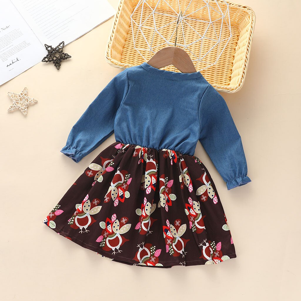 Peuter Kids Baby Meisje Kleding Thanksgiving Kalkoen Cartoon Print Jurk Winter O Hals Prinses Jurk Lange Mouwen Denim Jurk