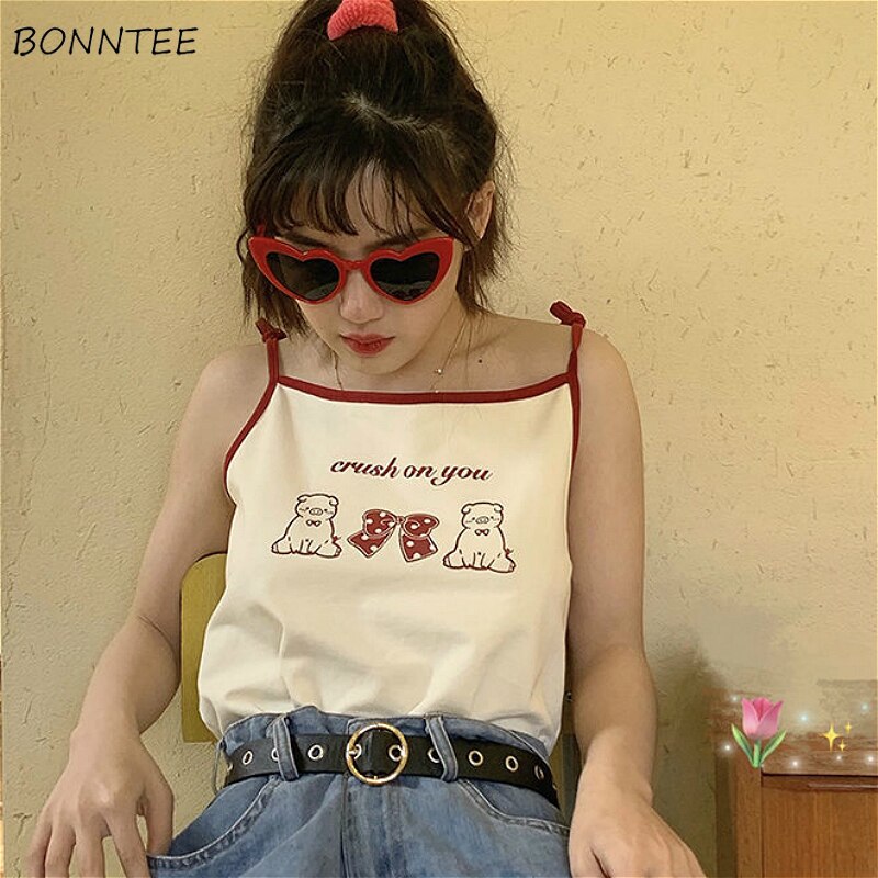 Camisole femmes Kawaii dessin animé japon Style été Chic à lacets femmes sangle recadrée hauts à la tout-match doux filles Camis haut