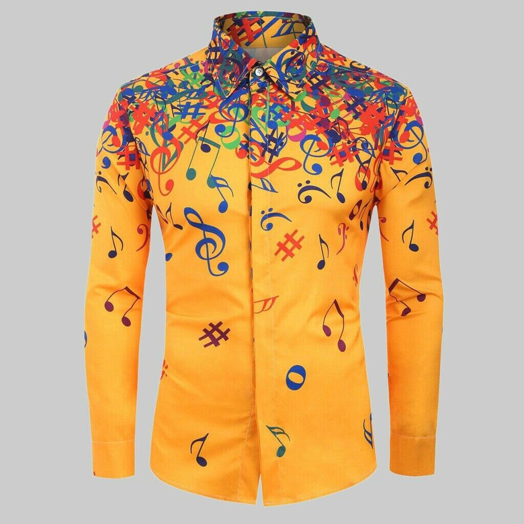 Men Casual Novelty Musical Note Pattern Long Sleeves Shirt Top Blouse for Party NIN668: Yellow / M