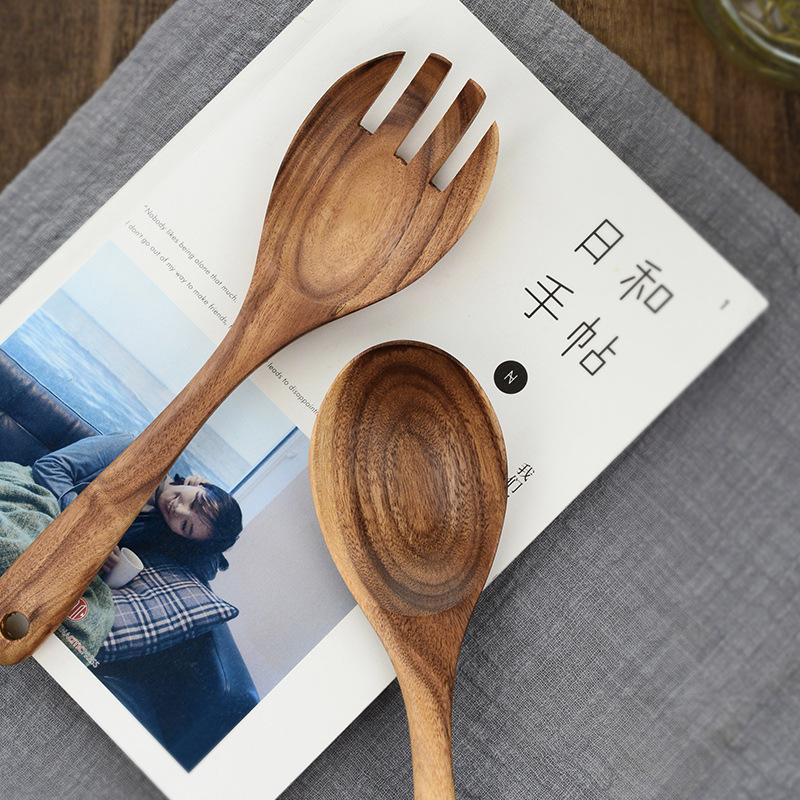 Large Wooden Spoon Set Big Salad Serving Spoon Fork Natural Wood Tablespoon Long Handled Cooking Spoon Kitchen Utensils