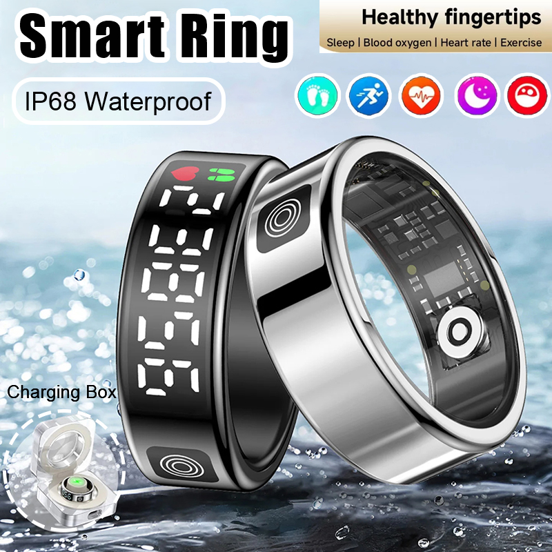 Smart Ring Mannen Met Scherm LED Hartslag Bloed Zuurstof Monitoring Vrouwen Ring Multi Sportmodi IP68 5ATM Waterdicht