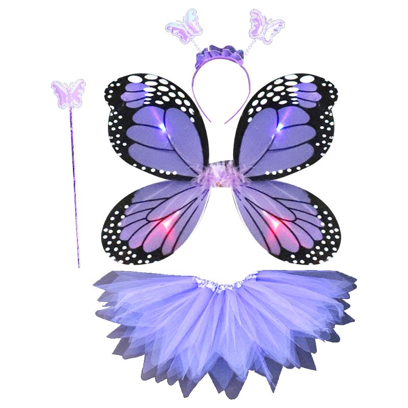 Adulte enfants 4 pièces ensemble de costumes de fée LED Simulation ailes de papillon pointu Tutu jupe bandeau baguette princesse filles fête habiller: 3