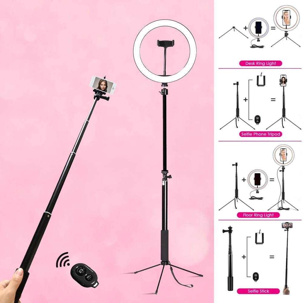 Portable et trépied 3 en 1 extensible monopode téléphone Selfie bâton anneau lumière avec sans fil à distance obturateur beauté Dimmable anneau lampe