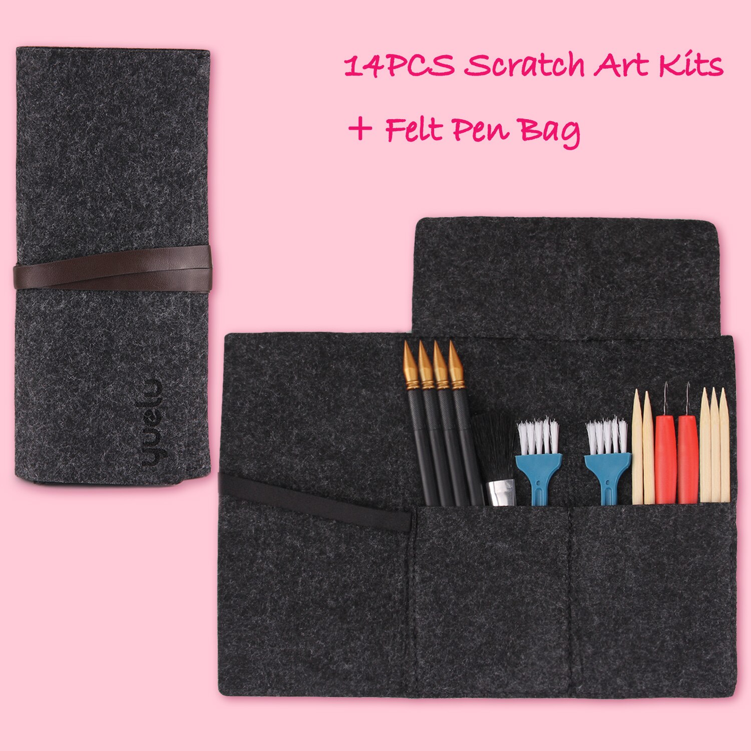 Kids 14 Stuks Scratch Gereedschap Speelgoed Met Vilt Opbergtas Scratch Papier Pennen Bamboestokken Schraper Reparatie Kras Pen Zwart borstel