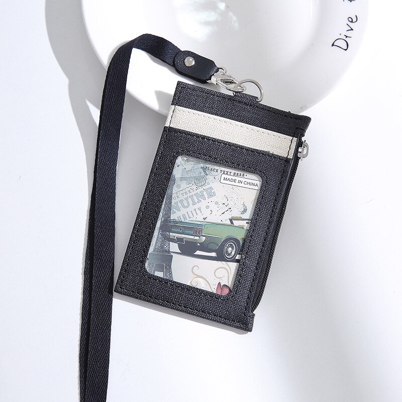 Personeel Bus Pass Card Sleeve Case Pu Leather Wallet Type Id-kaart Naam Badge Houder Met Neck Strap Lanyard Badge: Black